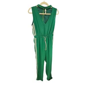 Elli White Green Sleeveless Jumpsuit White Side Stripe Elastic Waist Large